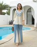 Rayon Slub Embroidered Kurta with Flared Palazzo Set