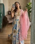 Heavy Dola Silk Digital Printed Gown with Organza Pearl Work Dupatta