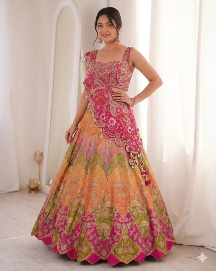open lace back dress Cream Mirror Work Party Wear Lehenga in Net Fabric
