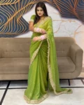 Ultra Soft Moss Fendy Chiffon Saree with Silver Jhari Weaving Butti