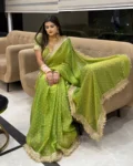 Ultra Soft Moss Fendy Chiffon Saree with Silver Jhari Weaving Butti