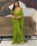 Ultra Soft Moss Fendy Chiffon Saree with Silver Jhari Weaving Butti