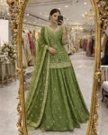 Designer Party Wear Shimmer Silk Lehenga Set with Embroidered Dupatta