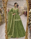 Designer Party Wear Shimmer Silk Lehenga Set with Embroidered Dupatta