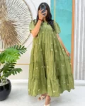 Floral Mull Cotton Chanderi Midi Gown with Embroidery Work