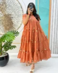 Floral Mull Cotton Chanderi Midi Gown with Embroidery Work
