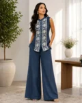 Women's Blue Embroidered Linen Sleeveless Co-Ord Set with Palazzo