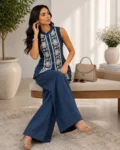 Women's Blue Embroidered Linen Sleeveless Co-Ord Set with Palazzo
