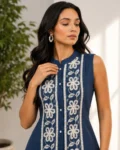 Women's Blue Embroidered Linen Sleeveless Co-Ord Set with Palazzo