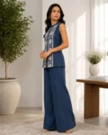 Women's Blue Embroidered Linen Sleeveless Co-Ord Set with Palazzo