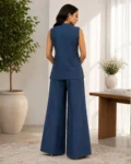Women's Blue Embroidered Linen Sleeveless Co-Ord Set with Palazzo