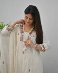 Women's Cotton Flex Embroidered A-Line Kurta Pant & Malmal Dupatta Set with Pockets