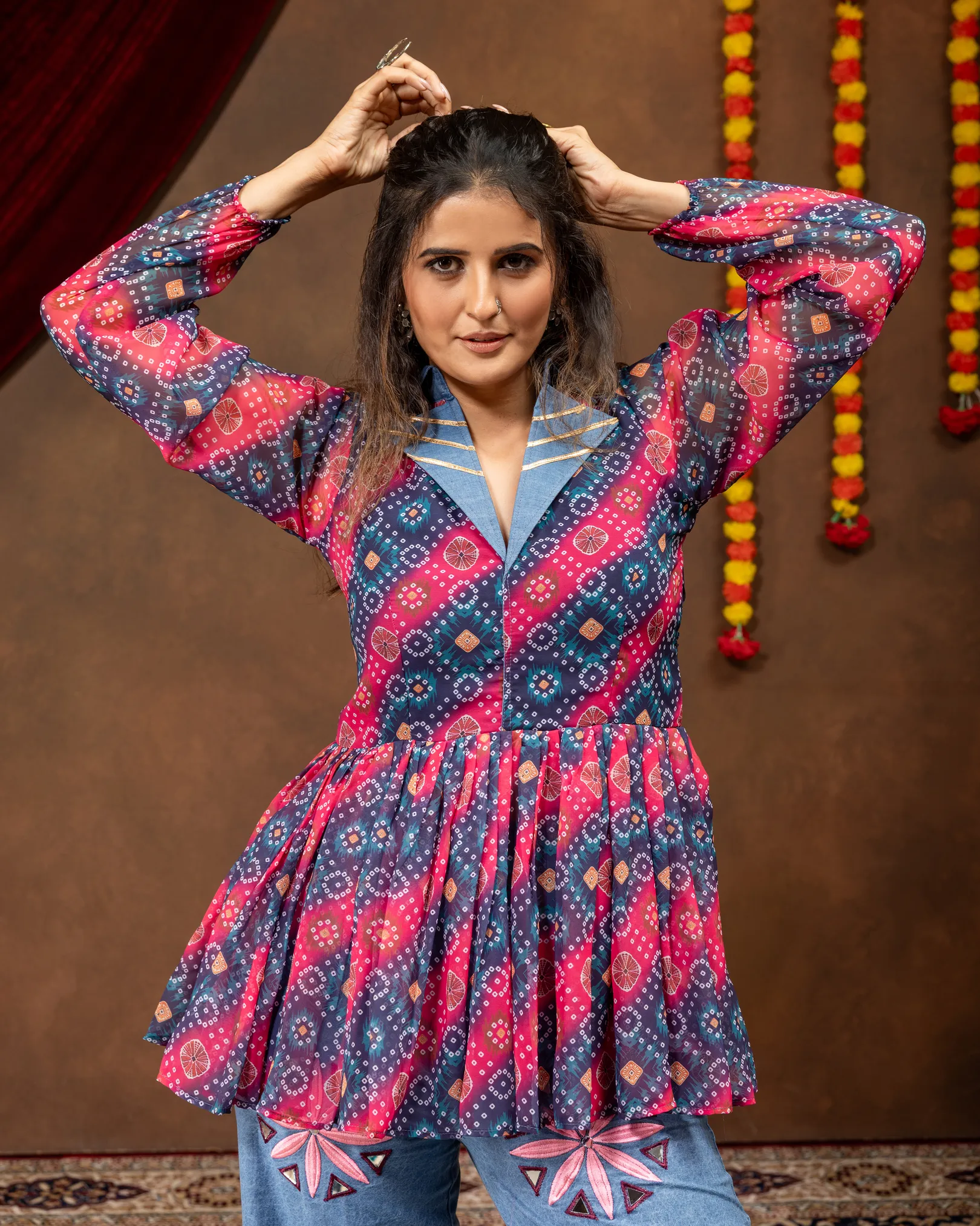 Women's Navratri 2026 Printed Faux Georgette Kediya with Embroidered Denim Jeans video