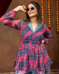 Women's Navratri 2026 Printed Faux Georgette Kediya with Embroidered Denim Jeans