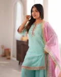 Women's Premium Organza Silk Sharara Suit Set with Sequins, Multi Zari Embroidery & Gota Patti Dupatta