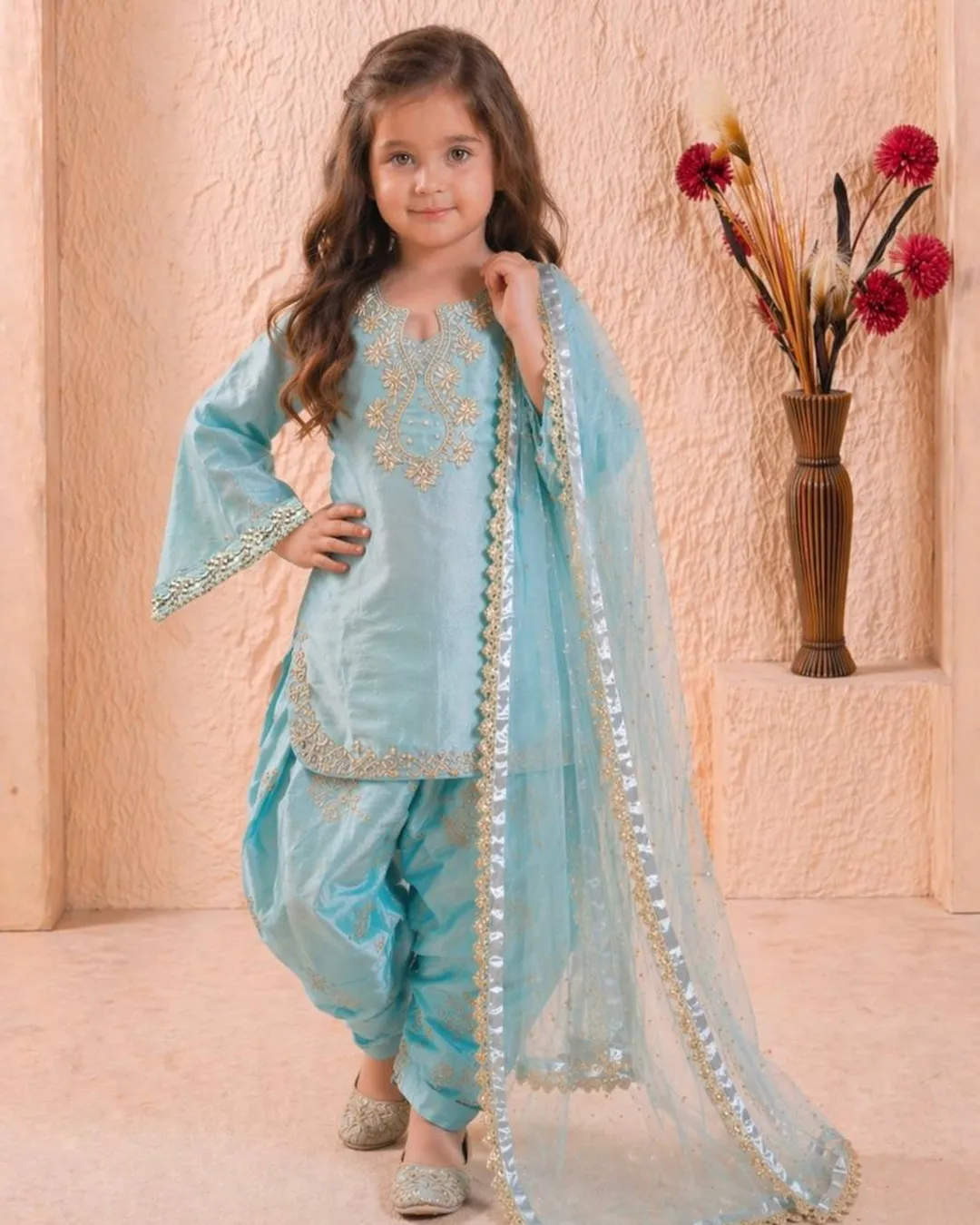 Premium Roman Glass Silk Girls’ Farshi Palazzo Set
