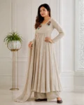 Pure Mul Viscose Chanderi Cotton A-Line Gown Pant & Dupatta Set with Handmade Embroidery