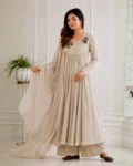 Pure Mul Viscose Chanderi Cotton A-Line Gown Pant & Dupatta Set with Handmade Embroidery