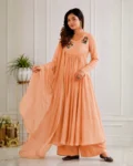 Pure Mul Viscose Chanderi Cotton A-Line Gown Pant & Dupatta Set with Handmade Embroidery