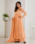 Pure Mul Viscose Chanderi Cotton A-Line Gown Pant & Dupatta Set with Handmade Embroidery