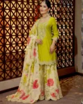 New Designer Heavy Chinon Top with Tabi Organza Palazzo & Dupatta Set – Coding & Sequin Work