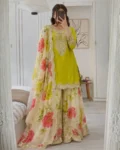 New Designer Heavy Chinon Top with Tabi Organza Palazzo & Dupatta Set – Coding & Sequin Work