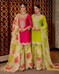 New Designer Heavy Chinon Top with Tabi Organza Palazzo & Dupatta Set – Coding & Sequin Work