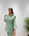 Designer Salsa Silk Shirt, Pant & Hand-Embroidered Shrug Set