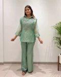 Designer Salsa Silk Shirt, Pant & Hand-Embroidered Shrug Set