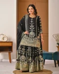 Premium Vichitra Silk Embroidered Top, Sharara & Dupatta Set
