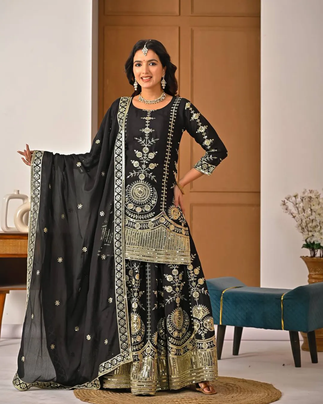 Premium Vichitra Silk Embroidered Top, Sharara & Dupatta Set video