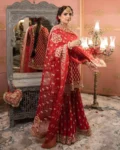 Premium Chinon Embroidered Kurti, Sharara & Dupatta Set