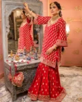 Premium Chinon Embroidered Kurti, Sharara & Dupatta Set