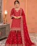 Premium Chinon Embroidered Kurti, Sharara & Dupatta Set