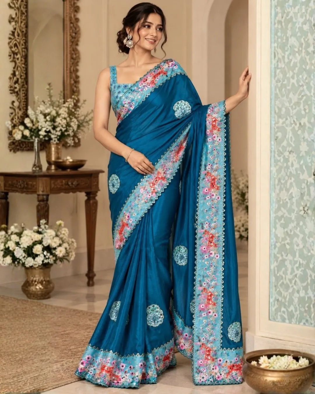 Premium Soft Chinon Silk Digital Print Mirror Work Saree video
